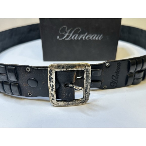 Harteau Black Leather Tile Belt XL w/ Distressed Silver Buckle+ Signed Box - Picture 1 of 8